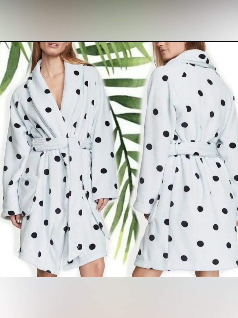 Victoria's Secret Short Cozy Plush Robe Light Blue Polka Dot Pockets Size M/L